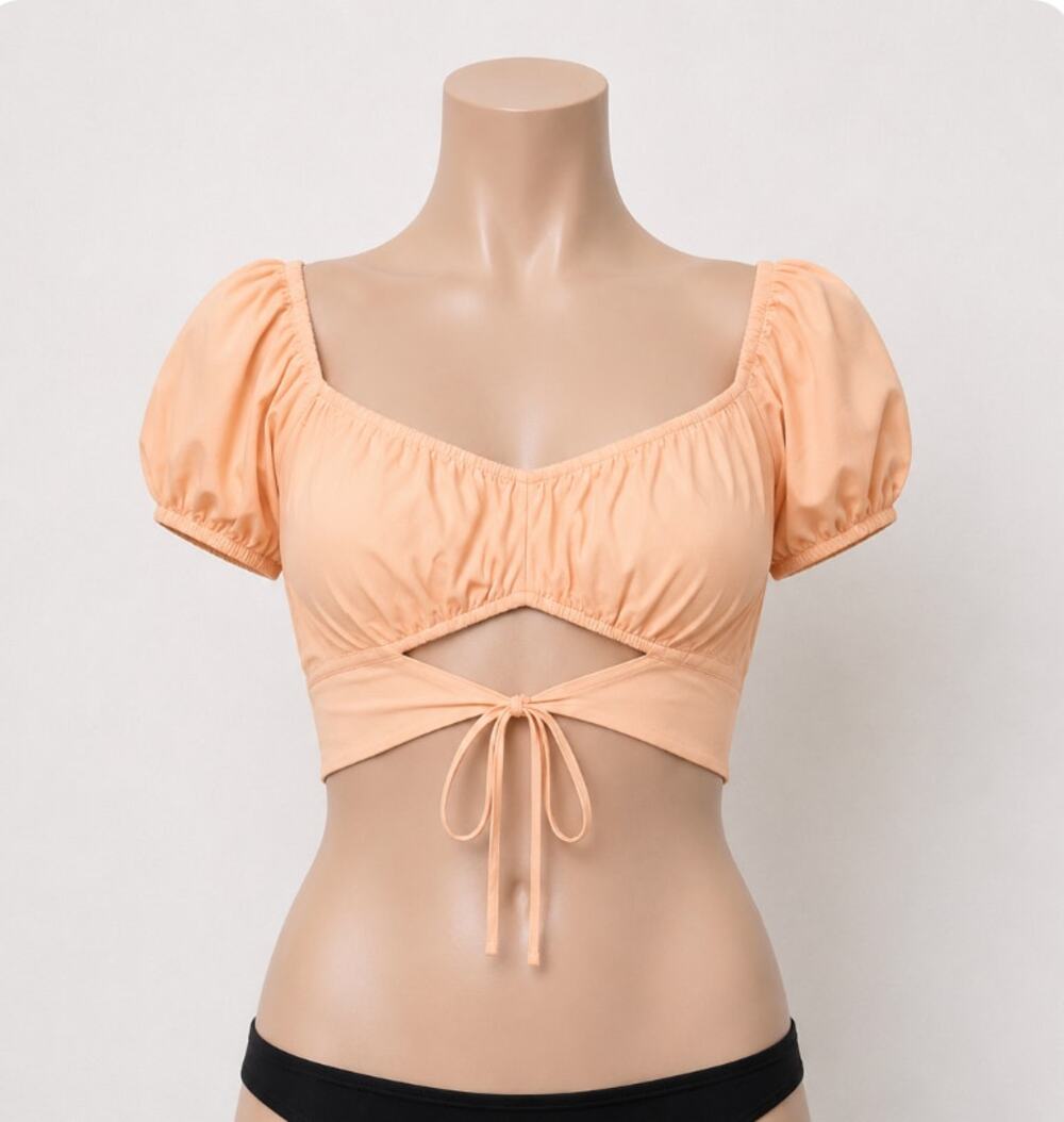 Le Lis Peach Puffed Short Sleeve Front Tie Elastic Neck Sleeve Crop Top L